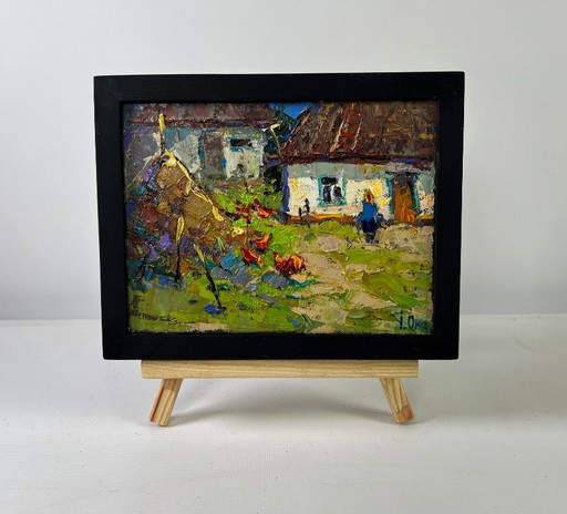 Original Oil Painting Summer Village Landscape Quiet evening courtyard