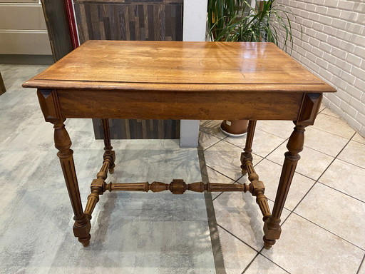 Escritorio con 1 cajón en madera maciza de roble con patas torneadas y talladas, 89x62cm