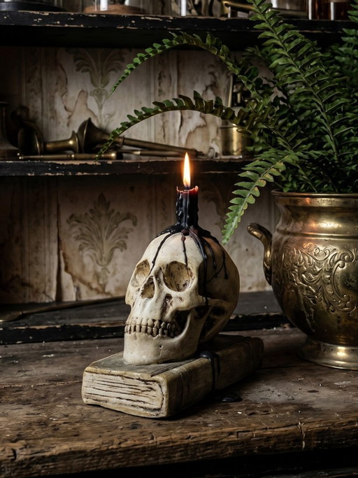 Ancien Memento Mori en plâtre, crâne sur livre, curiosité fin XIXe début XXe