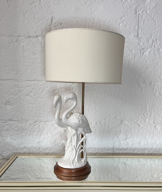 Image 1 of Lampada in porcellana con fenicotteri rosa, anni '80