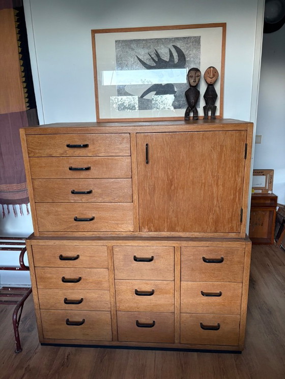 Image 1 of Twee Eiken Vintage Modernist Ladekasten Uit Drukkerij
