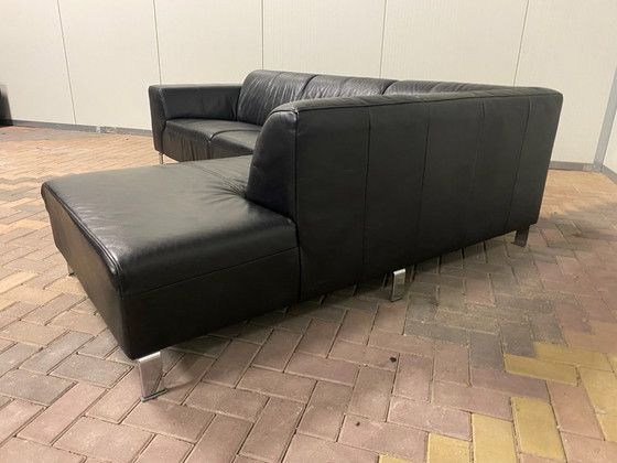 Image 1 of Canapé d'angle en cuir véritable noir – Assise large – Base solide