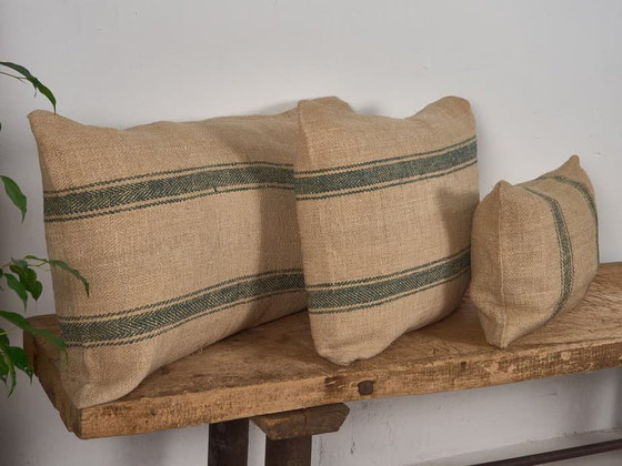 Antique green-striped linen pillow - Dimensiones: 30x50-2, Rustic (photo 4 of 7)