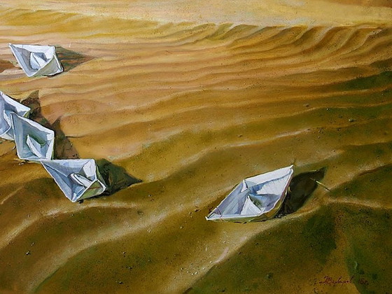 Peinture à l'huile originale, art contemporain, symbolisme, caravane du désert – Peintures et dessins, Canvas (photo 5 of 7)
