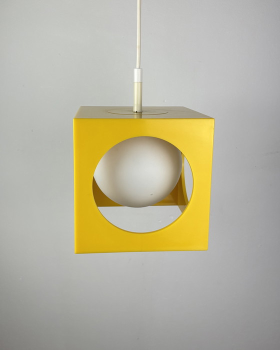 Image 1 of Space Age Ceiling Lamp, Richard Essig, Yellow Minimalistic Cube Design, 1970s, Retro-Futuristic Lamp, Germany, Sputnik Design