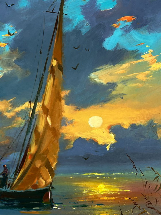 Image 1 of Dipinto ad olio originale: Paesaggio marino, cielo e barca a vela al tramonto