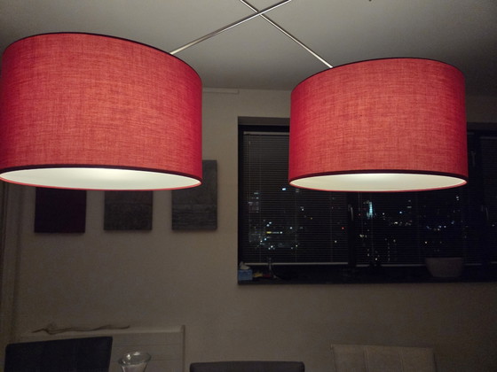 Modern Ceiling Light with Two Red Fabric Shades – Metal, Textile (photo 3 of 5)