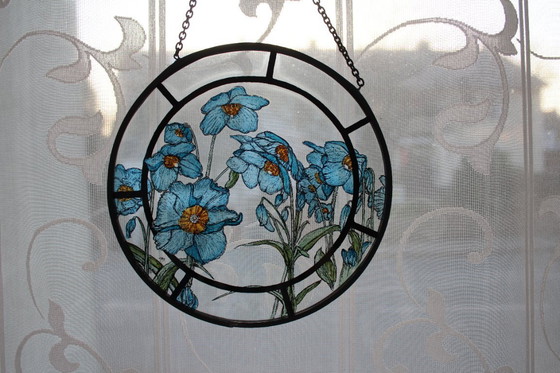 Image 1 of Window picture 20cm suncatcher stained glass motif blue poppies