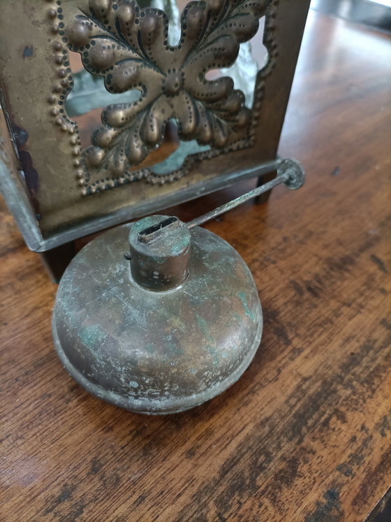 Image 1 of Antique Copper Heat Holder with Ornate Pressed Ornament - Complete with Fuel Tank"