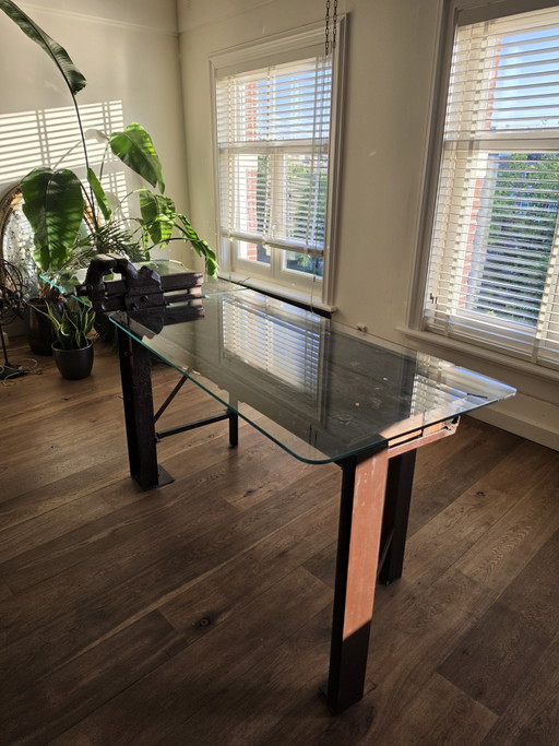 Authentic industrial workbench / dining table with original vise – approx. 100+ years old