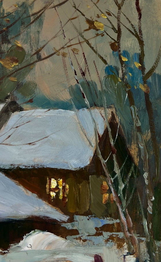 Image 1 of Original Oil Painting Snow Village Landscape Home on a winter evening