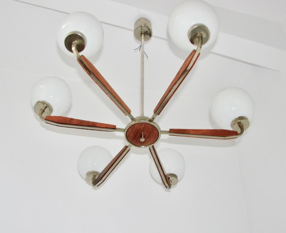 Image 1 of Modern chandelier from the 1970s – metal, teak wood and glass, 6xE14