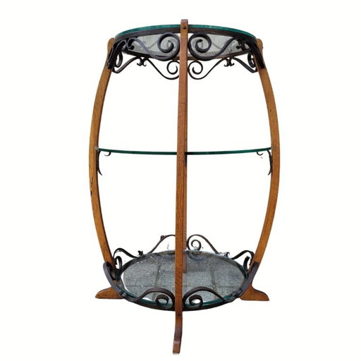 Guéridon en chêne, fer forgé et verre, style milieu du XXe siècle, années 1950 – France