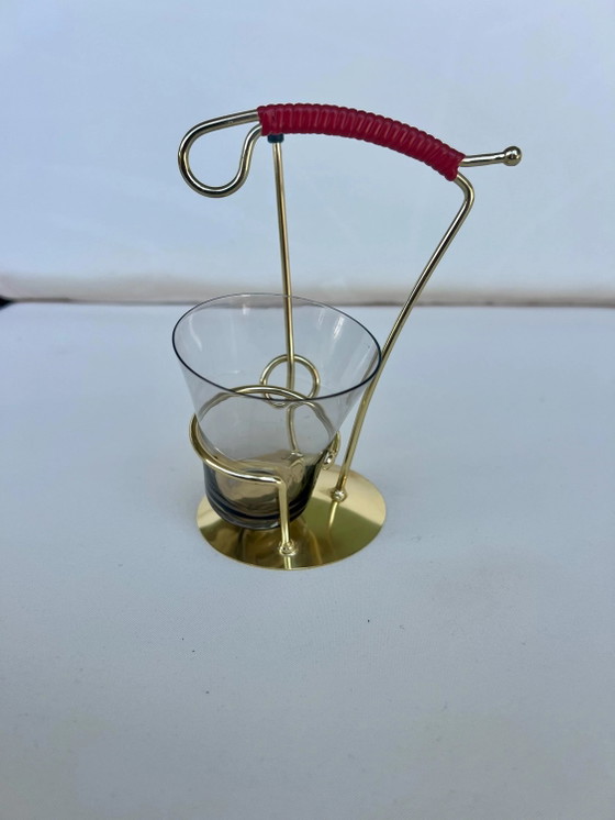 Vintage Pretzel Stick Holder Set Smoked Glass Gold Metal Mid Century Cocktail Snack Server Atomic Barware (photo 7 of 7)