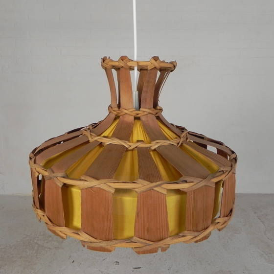 Image 1 of Lampada a sospensione vintage con paralume in rattan, foglia di palma e tessuto, anni '70