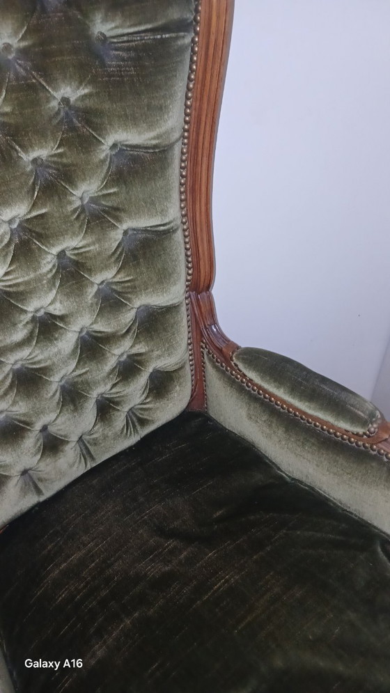 Sillón de trono barroco tapizado de primera calidad – Terciopelo verde oliva – En impecable estado – Sillones (photo 5 of 8)