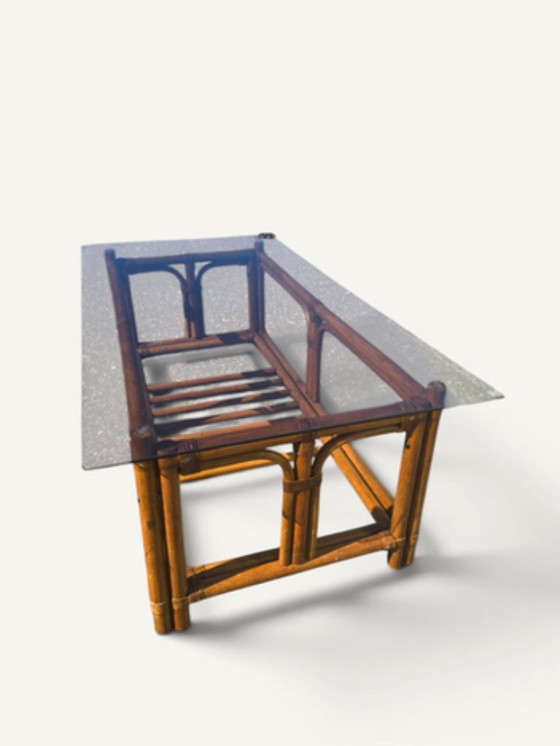 Vintage Rattan and Bamboo Coffee Table with Smoked Glass Top (photo 5 of 5)