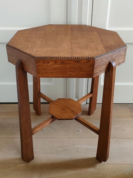 Table d'appoint Art Déco octogonale, table basse style Amsterdam School, table en chêne