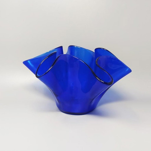 1970s Blue Vase "Fazzoletto" by Dogi in Murano Glass. Made in Italy