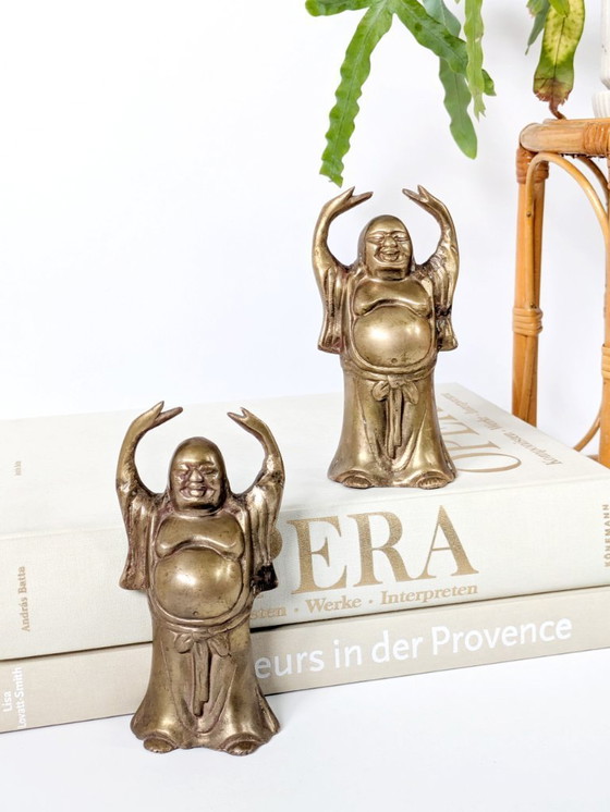 Image 1 of Coppia di statuette vintage in ottone raffiguranti il ​​Buddha sorridente | Decorazione Feng Shui Hotei Budai