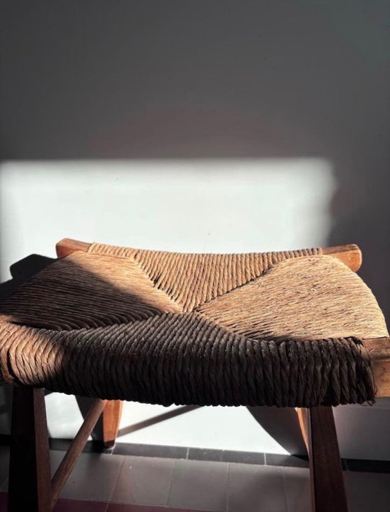 Image 1 of Vintage wooden stool with woven wicker seat - Brutalist/Mid-Century