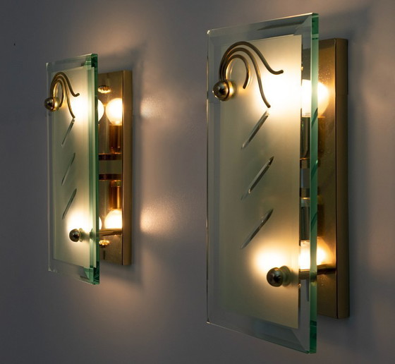 Image 1 of Paar moderne italienische Kristall- und Messingleuchten aus der Mid Century-Periode, 1970er Jahre