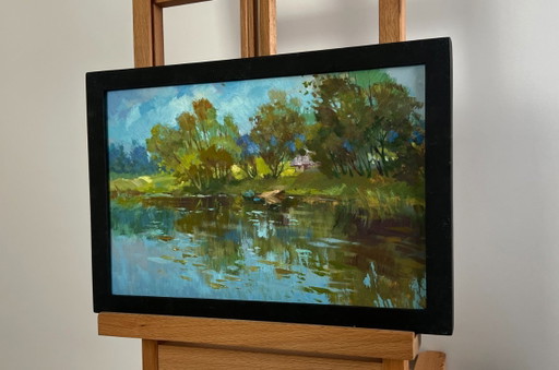 Original Oil Painting Summer River Landscape A quiet ferryman in the village