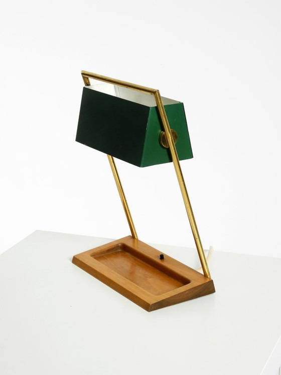 Image 1 of Original large 1960s Temde table lamp with a brass frame, teak base, and green lampshade