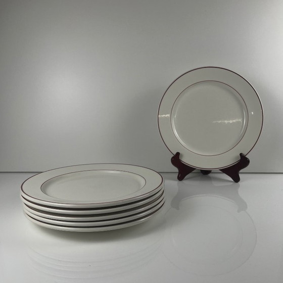Image 1 of Juego de 6 platos llanos Villeroy & Boch, borde burdeos/morado, siglo XX.