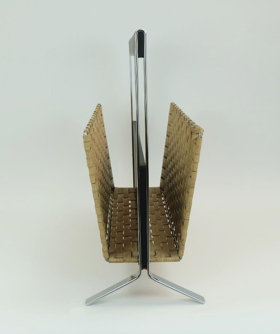 Image 1 of ongewoon 1970 vintage tijdschriftenrek krantenhouder chroom leer bamboe