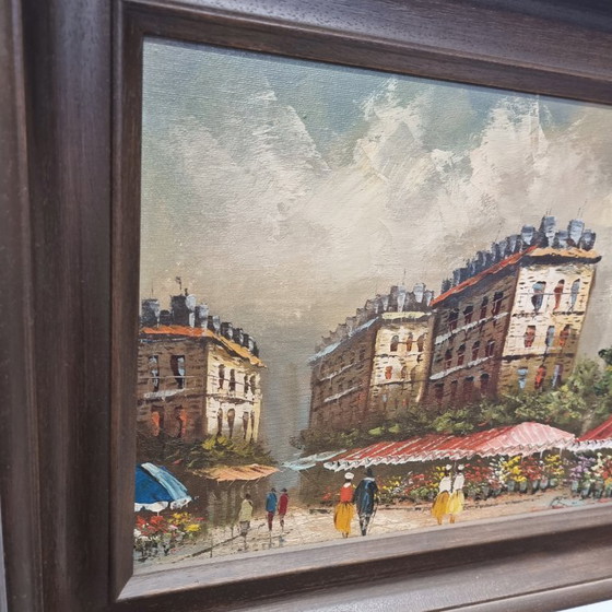 Image 1 of Peinture à l'huile vintage avec le marché aux fleurs de Paris Frederic, 20ème siècle