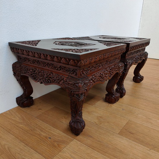 Image 1 of Set Oosterse salontafels, bijzettafels hout. Hand gestoken Aziatisch. SET PRIJS