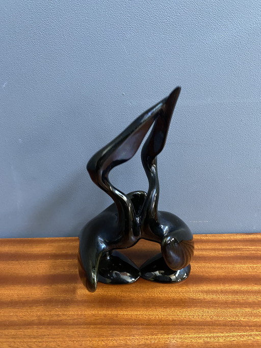 Figurine en céramique noire de 2 pélicans par Miroslav Smutny 1960S