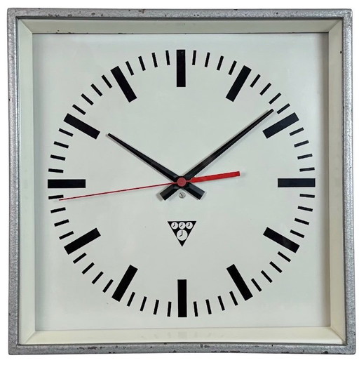 Grey Industrial Square Wall Clock from Pragotron, 1970s