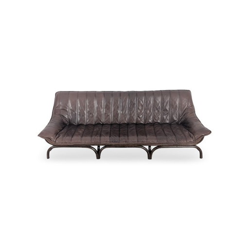 Canapé italien style années 50, design bambou, cuir marron