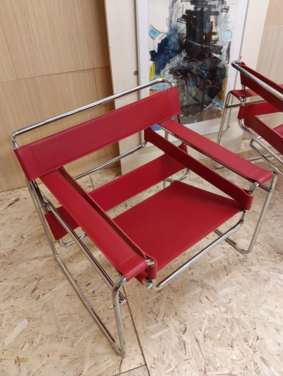 Image 1 of KNOLL Studio Set van 2 WASSILY B3 fauteuils (NIEUW) in rood leer
