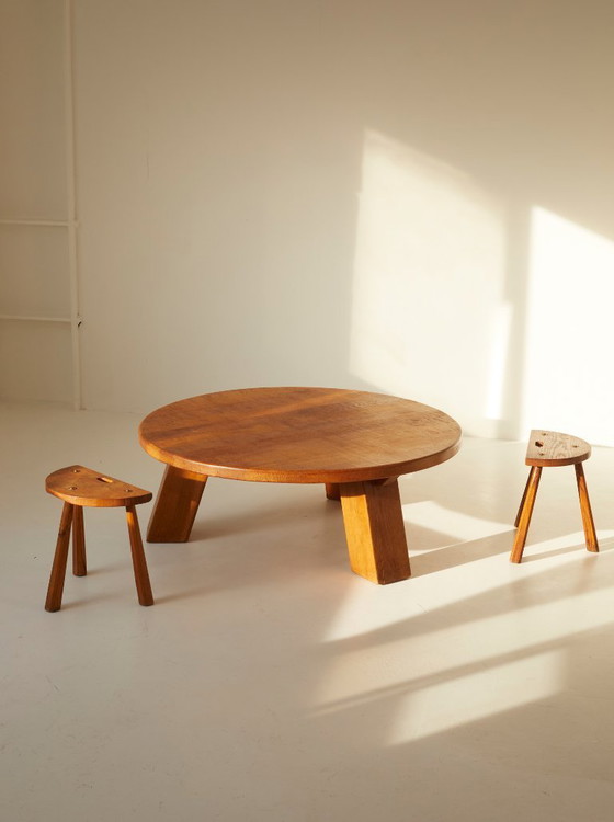 Image 1 of Vintage Brutalist round tripod coffee table in solid oak, circa 1960