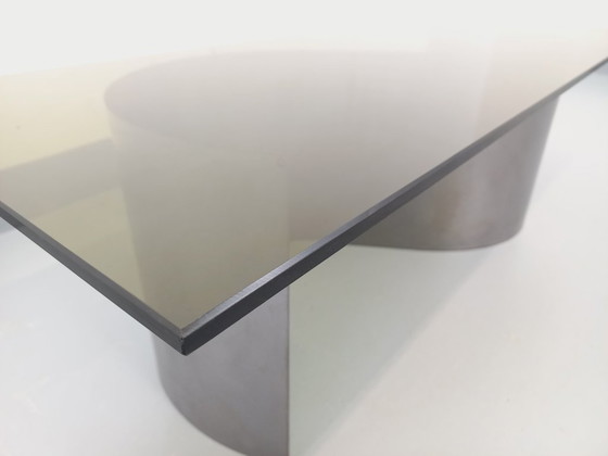 Image 1 of Vintage Space Age rectangular coffee table in steel and smoked glass from the 1970s