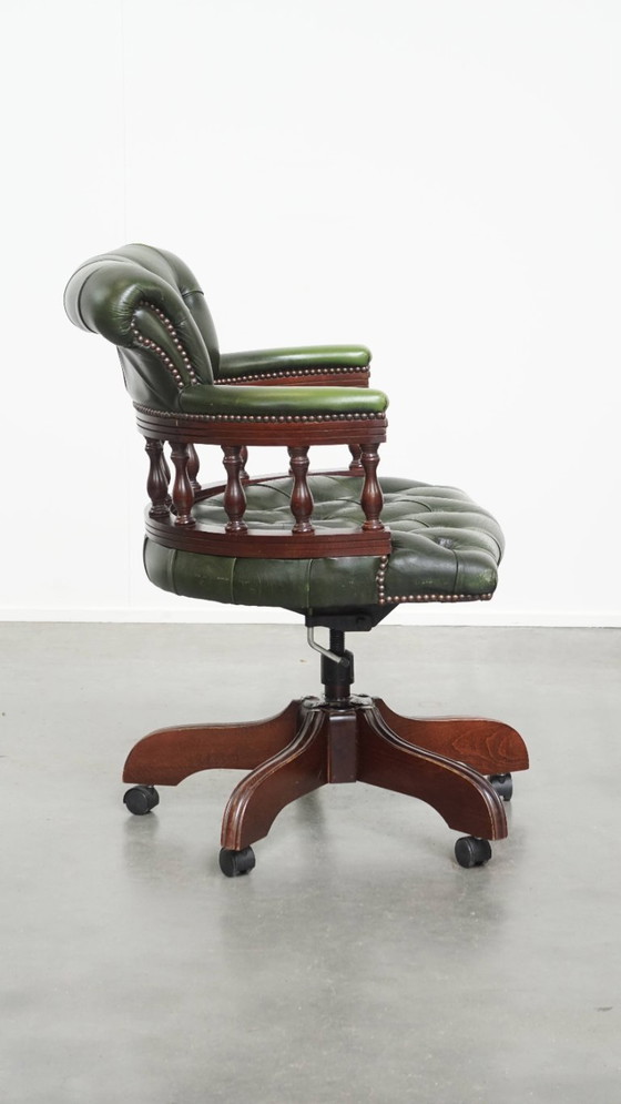 Image 1 of Green Beef Leather and Wood Chesterfield Office Chair