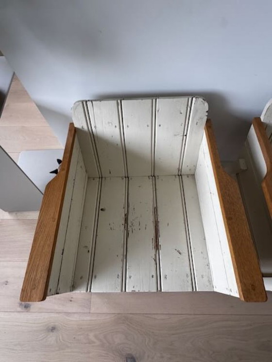 Image 1 of 2 low Piet Hein Eek bucket chairs/armchairs made of reclaimed wood, white
