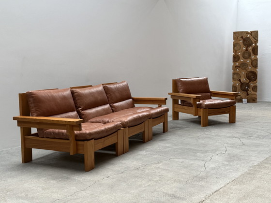 Image 1 of MODULAIRE STOEL SOFA SER PIEF HOUT MASSIEF COGNAC LEATHER IN KARIN MOBRING STIJL, SCANDINAVIA 1970