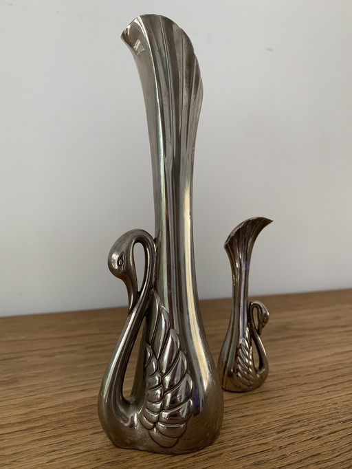 Jarrones de cisne plateados estilo art déco francés