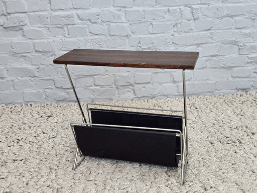    	 Minimalistic Mid-Century Teak Magazine Table with Metal Frame and Leatherette Sling, 1960s