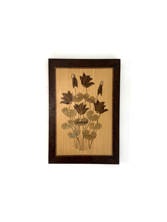 Image 1 of Vintage houten handwerk schilderij met klaprozen ‘60