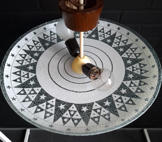 Image 1 of Vintage schaal plafondlamp jaren 50 glas/teakhout