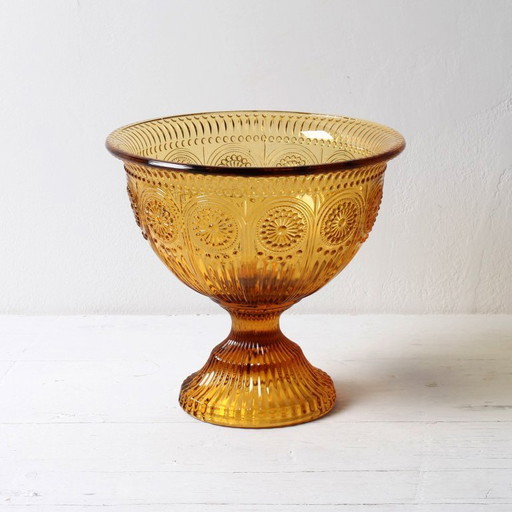 Mid-century Amber Honey Pedestal Bowl / Modern Vintage / Godinger / USA / 1990s