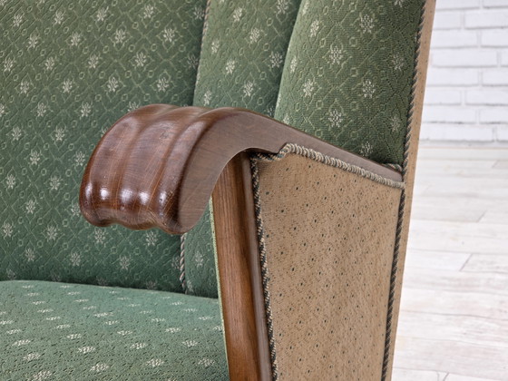 Image 1 of Años 50, sofá danés de 3 plazas, tejido de lana de mobiliario verde/beige, madera de roble.