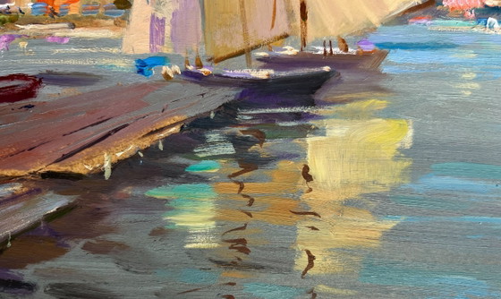 Image 1 of Original Oil Painting Evening Coastal Landscape Scarlet Sunset on the Ferry