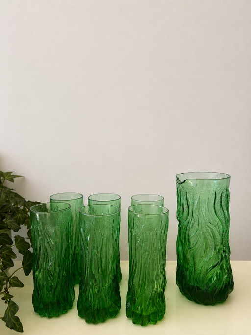 Vintage italienisches Bark-Glas-Set, bestehend aus 6 Longdrinkgläsern und einer Karaffe – glazen karaffen, Crystal