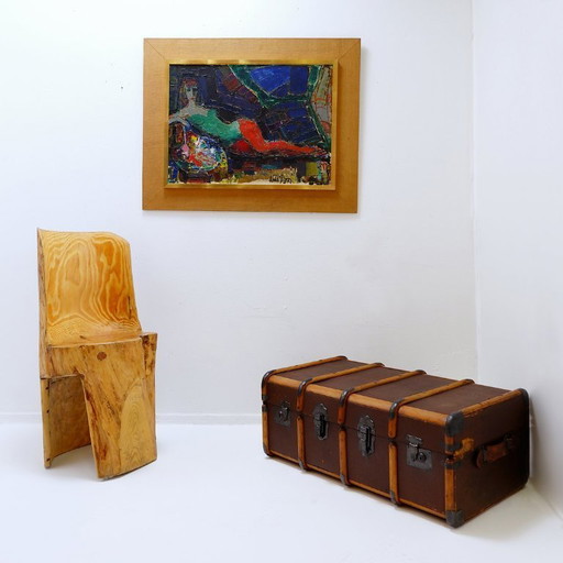 Antiker Reisekoffer aus Segeltuch und Holz aus den 1920er Jahren, Vintage-Gepäck